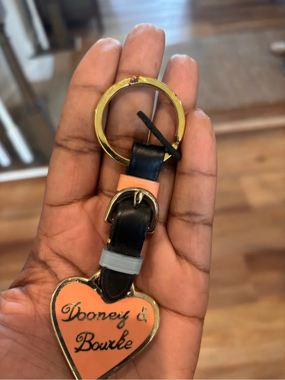 Vintage Dooney & Bourke Peach Heart Key Fob with Gold Trim and Black Strap
